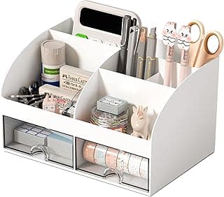 COMFYROOM Desk Organizer with 6 Compartments and 2 Drawers, Plastic Makeup Organizer, Pen Holder for Desktop Storage, Desk Organization for...