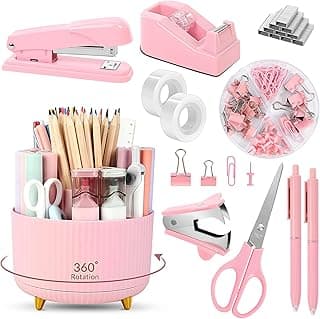 SKYDUE Pink Desk Accessories 10Pcs, Rotating Pen Holder for Desk, Stapler, Staple Remover, Tape Dispenser,2pcs Tape Refills, Binder Paper C...
