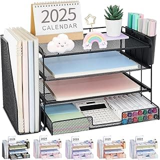 OPNICE Desk Organizer, 4-Tier Desktop File Organizer with Drawer and 2 Pen Holders, Office Desk Accessories, File Sorters, Workspace Organi...