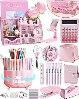 LXEVIHK 21Pcs Pink Desk Organizers and Accessories With Mesh Desk Organizer and 360°Rotating Pen Holder and a Lot of Office Pink Office Sup...