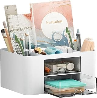 Marbrasse Pen Organizer with 2 Drawer, Multi-Functional Pencil Holder for Desk, Desk Organizers and Accessories with 5 Compartments + Drawe...