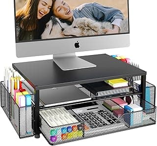 OPNICE Desk Organizer and Accessories, 2-Tier Computer Monitor Stand Riser with Drawer and 2 Pen Holders, Laptop Stand, Office Desk Accesso...